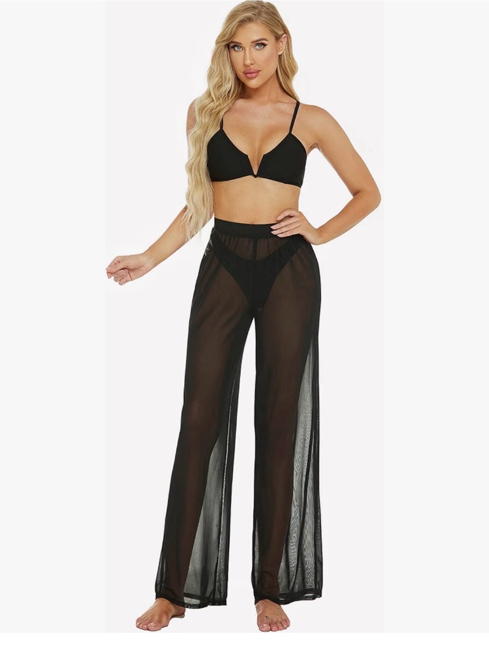 Sheer Black Wide-Leg Beach Cover-Up Pants